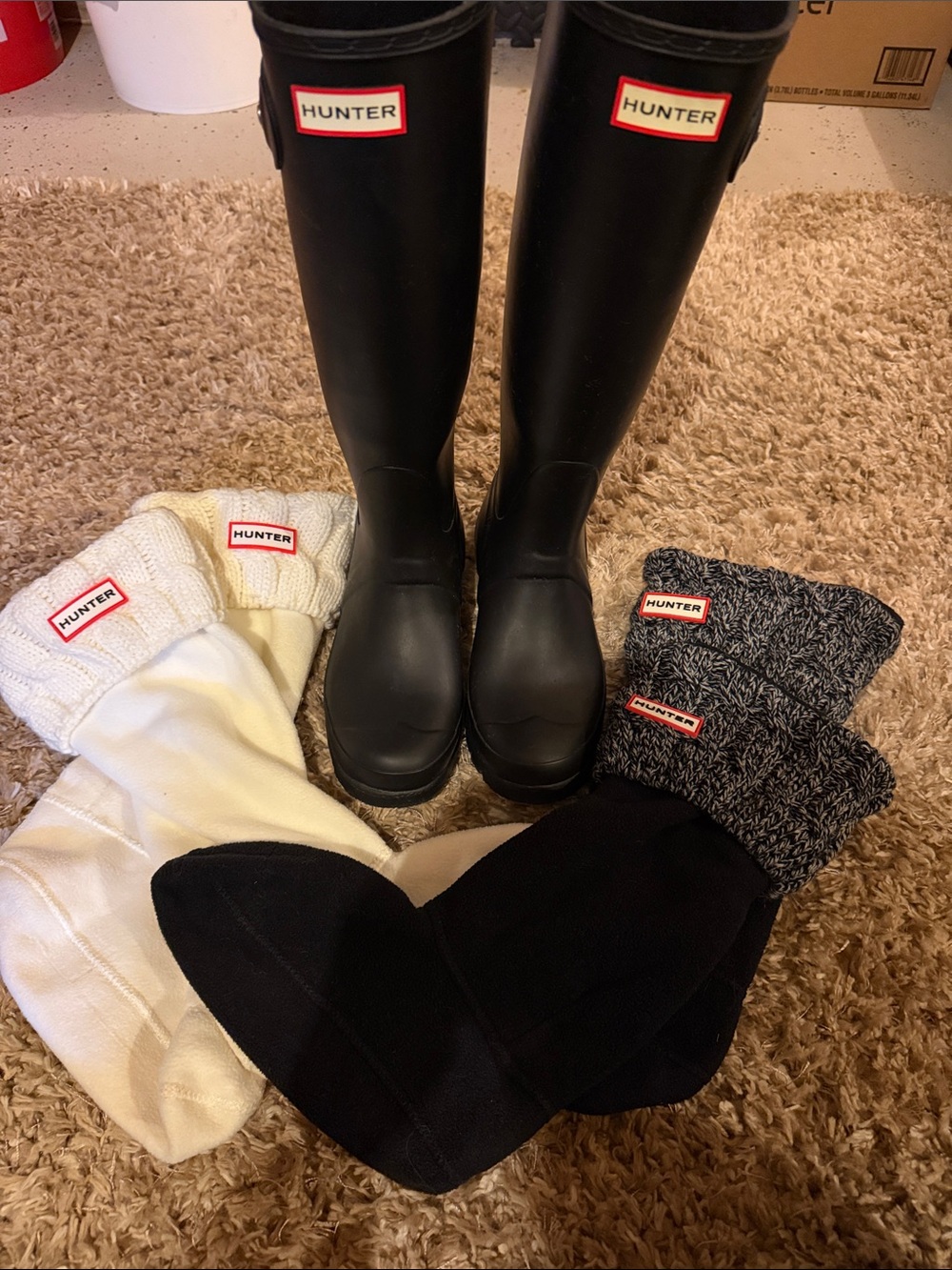 Hunter Women’s tall boot and 2 Sock Pack- black/gray and white